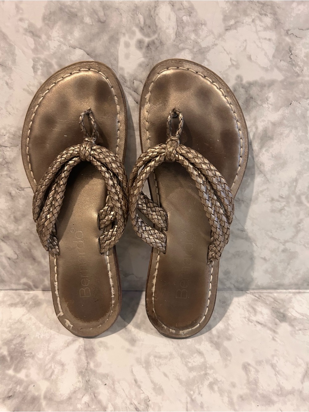Bernardo Miami Braided Toe-Loop Sandals in Metallic Bronze